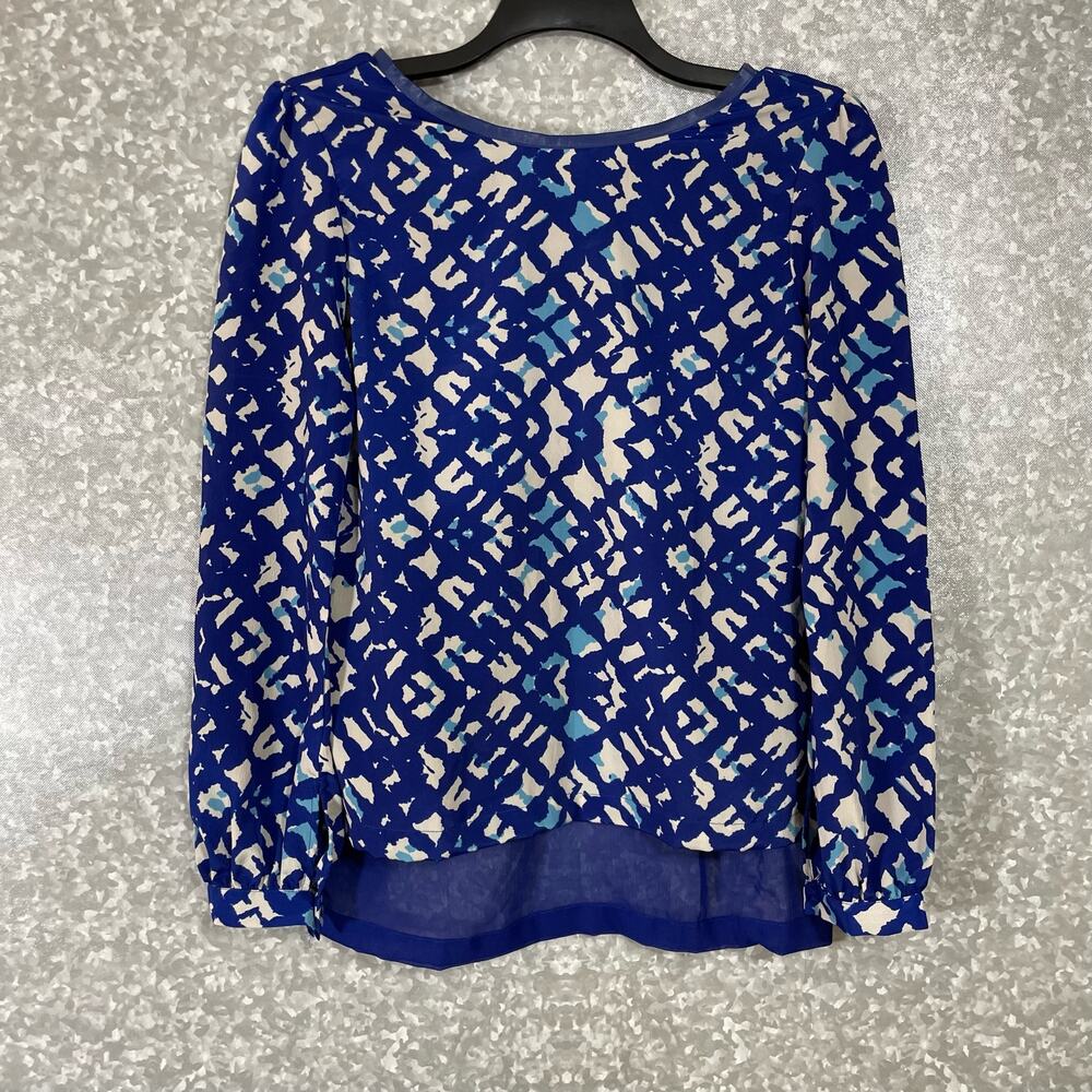 Patterson J Kincaid (PJK) Women's Blue Leather Trim Blouse - Size Small - Sheer